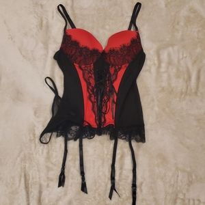Black and Red Lace Bustier Set by Rene Rofe